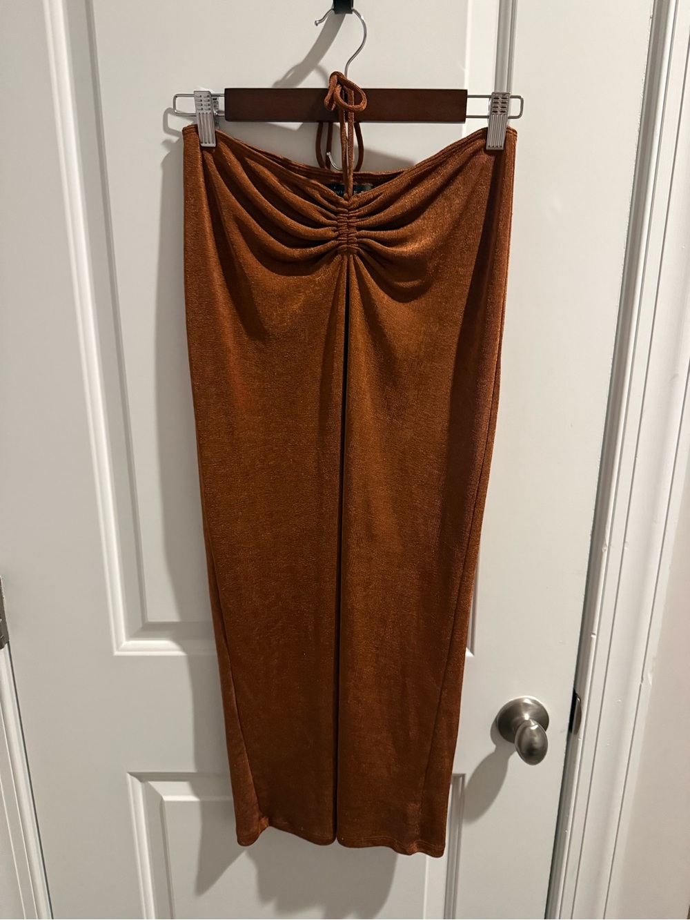 White Fox Boutique Rust Midi Dress with Ruched Front